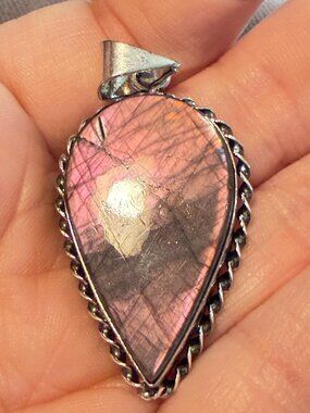 Labradorite Teardrop Pendant Sterling Silver 925 Pink Purple Flash